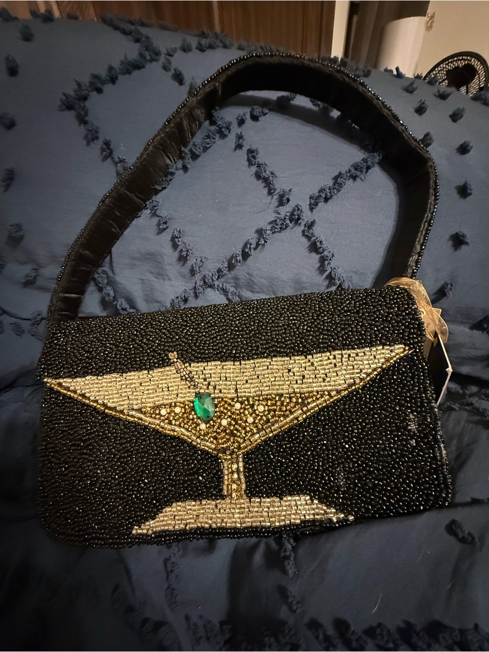 Black Beaded Evening Clutch with Gold Martini Motif and Green Accent